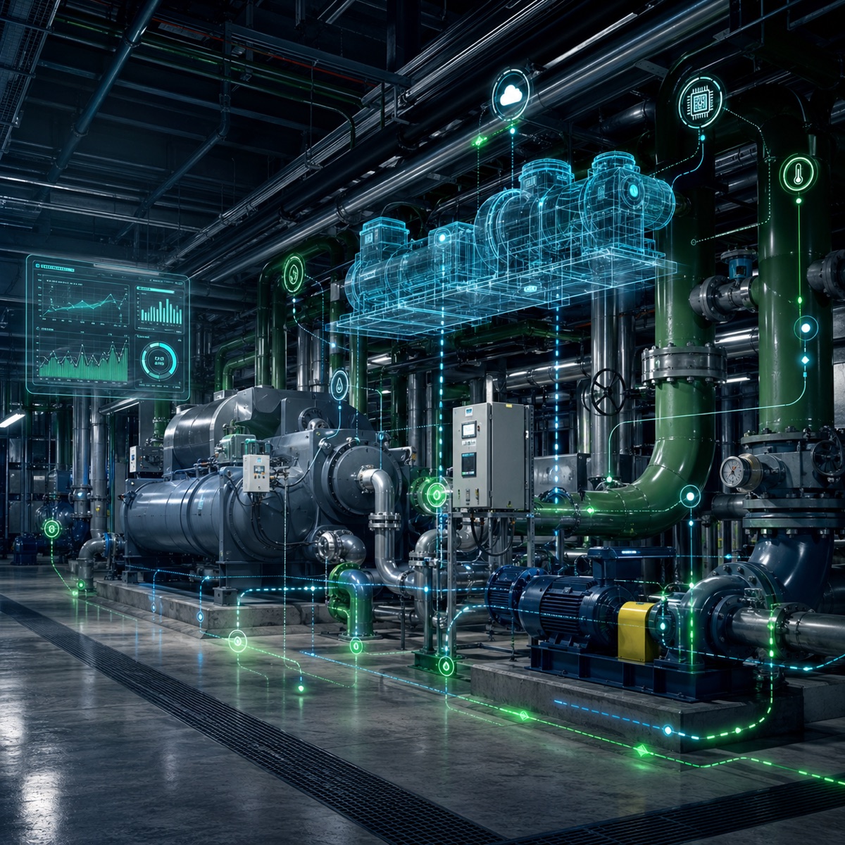 AI HVAC optimization layer coordinating chillers, pumps, cooling towers, and BMS telemetry