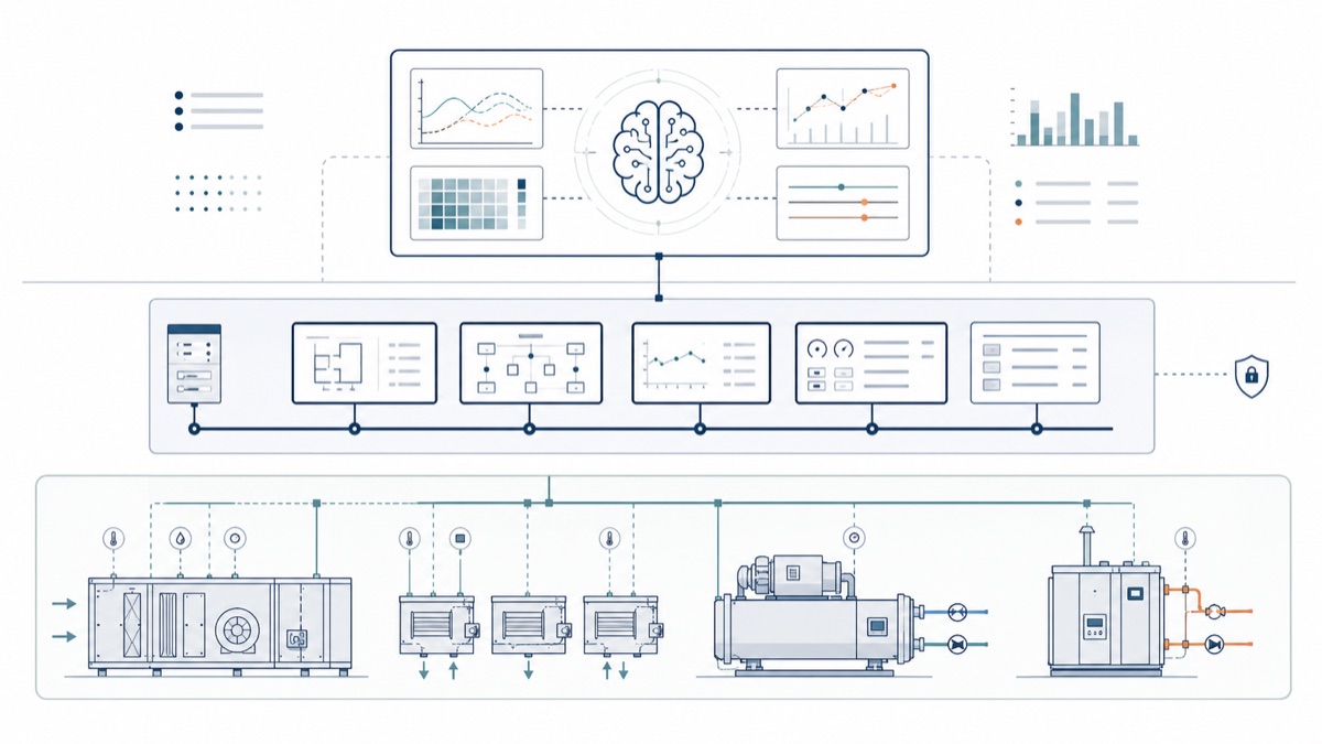 Layered supervisory AI architecture above existing BMS controls and protected HVAC equipment